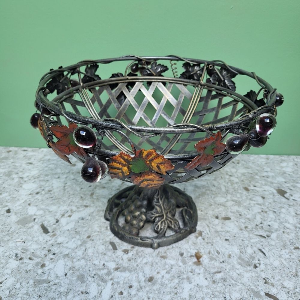 Heavy 12 Inch Steel / Iron Fruit Bowl / Tuscany / Vineyard